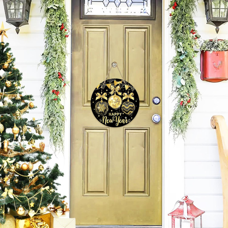 Ophelia Co. Happy New Year Black Gold Front Door Sign Christmas Ornaments Celebration Wood Door Hanger Outdoor Outside Porch Decor Xmas Holiday Party Wooden Wreath Indoor Wall Hanging Decoration Wayfa...